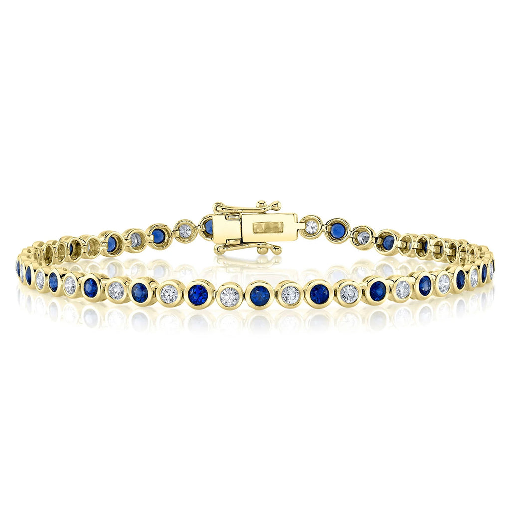 Lab Blue Sapphire & Diamond Tennis Bracelet 14K Yellow Gold (2.50ct)