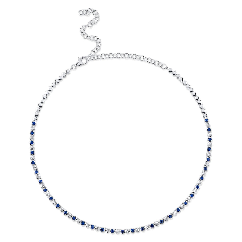 Lab Blue Sapphire & Diamond Bezel Necklace 14K White Gold (3.25ct)