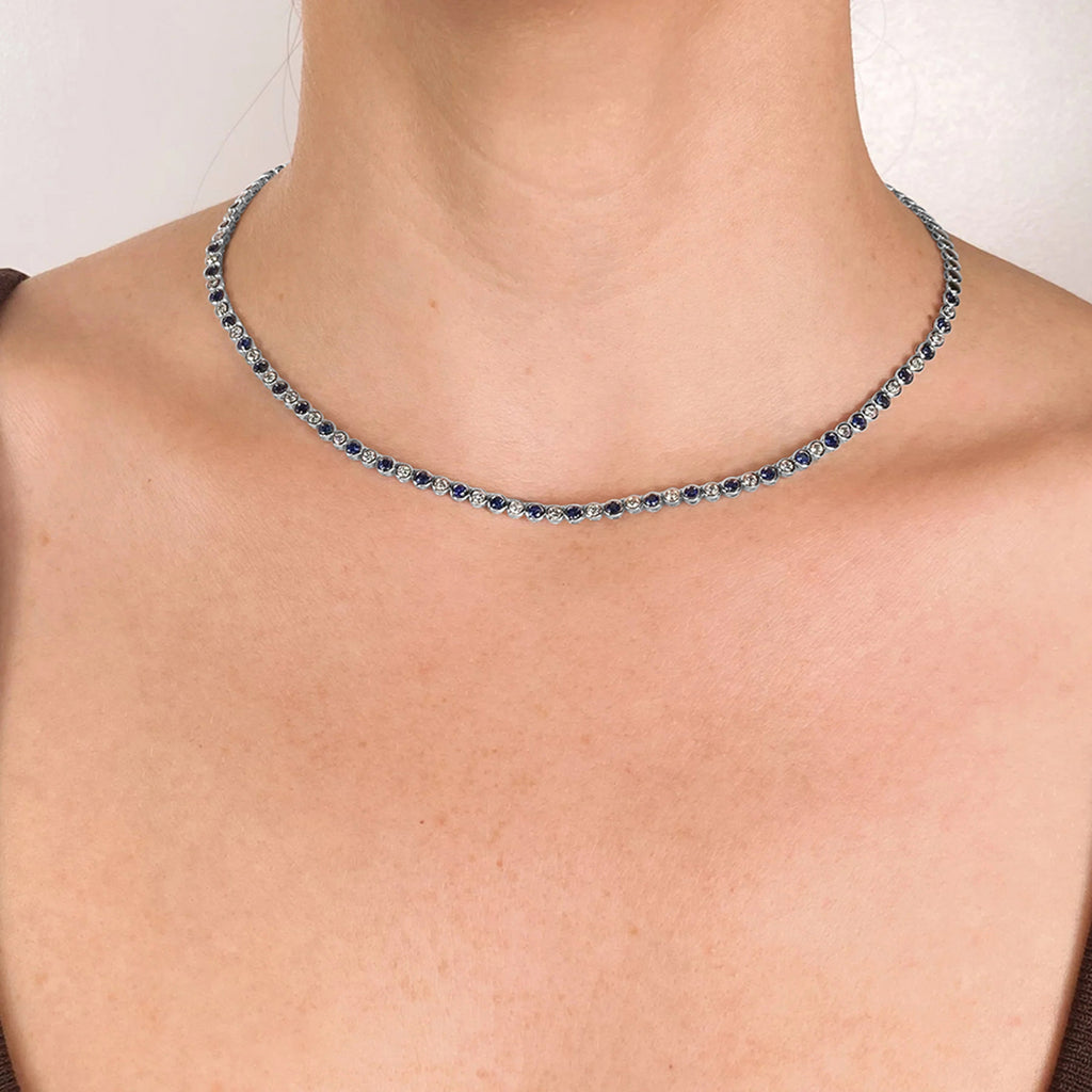 Lab Blue Sapphire & Diamond Bezel Necklace 14K White Gold (3.25ct)