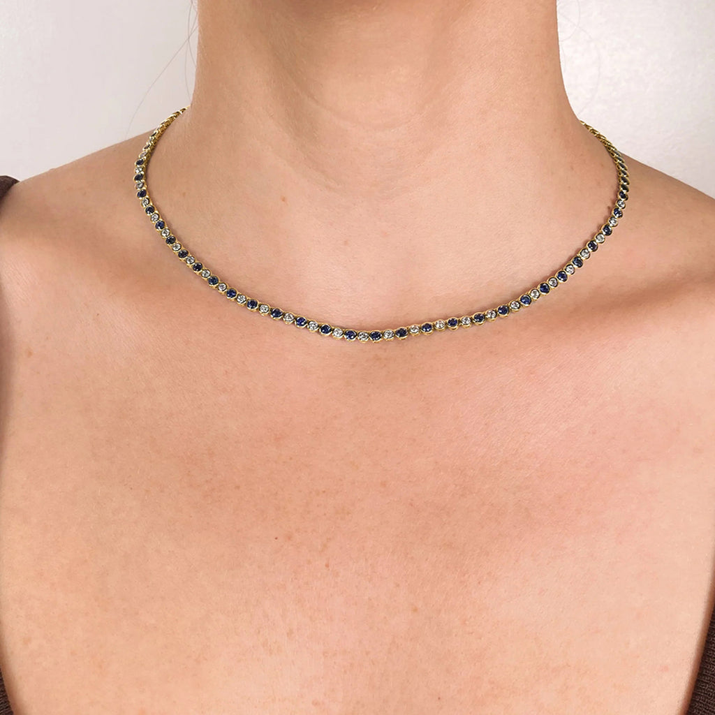 Blue Sapphire & Diamond Bezel Necklace 14K Yellow Gold (3.35ct)
