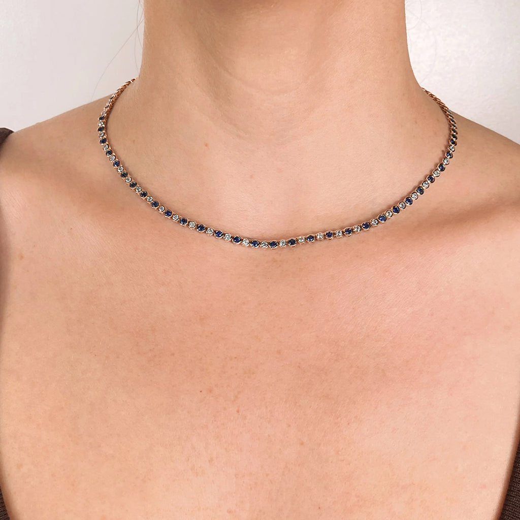 Lab Grown Blue Sapphire & Diamond Bezel Necklace 14K Rose Gold (3.25ct)
