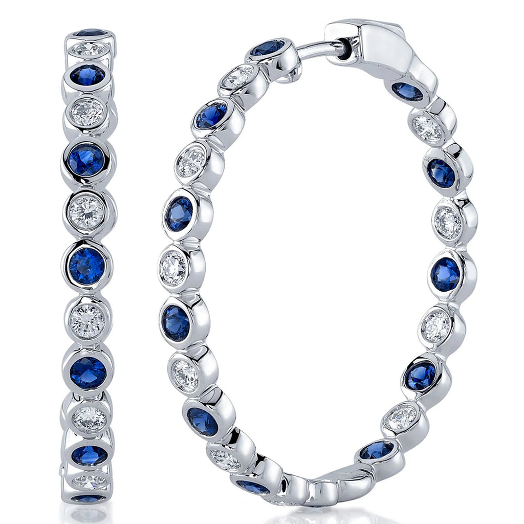 Lab Grown Blue Sapphire & Diamond Hoop Earrings 14K White Gold (2.10ct)