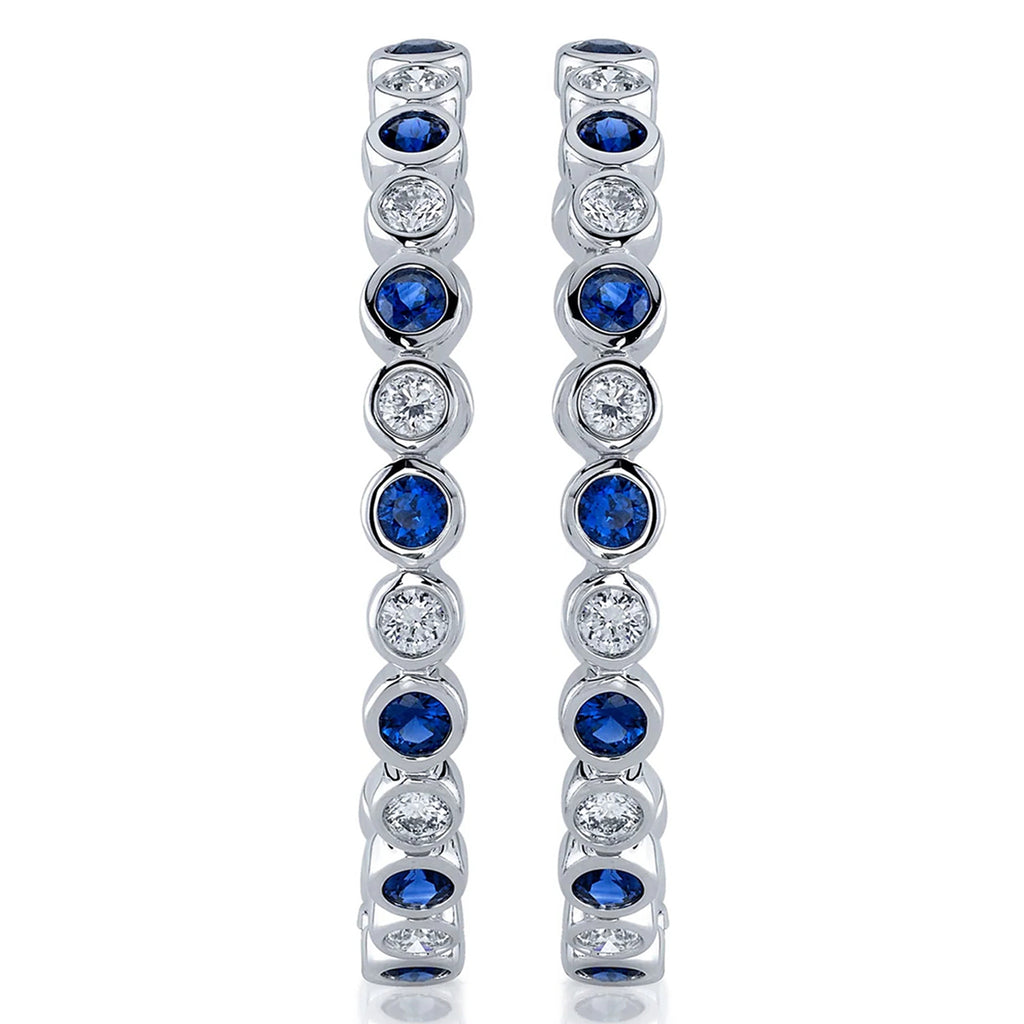 Lab Grown Blue Sapphire & Diamond Hoop Earrings 14K White Gold (2.10ct)