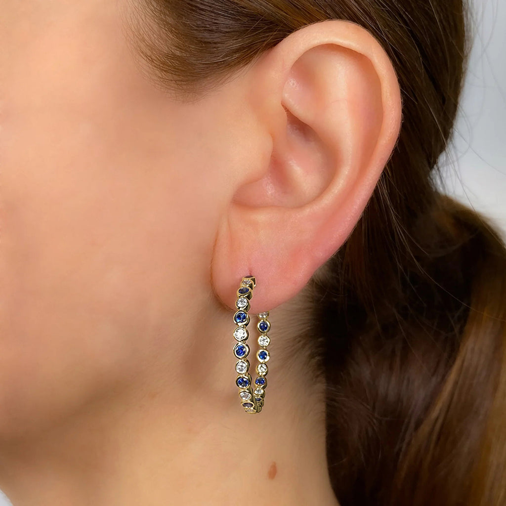 Blue Sapphire & Diamond Hoop Earrings 14K Yellow Gold (2.23ct)