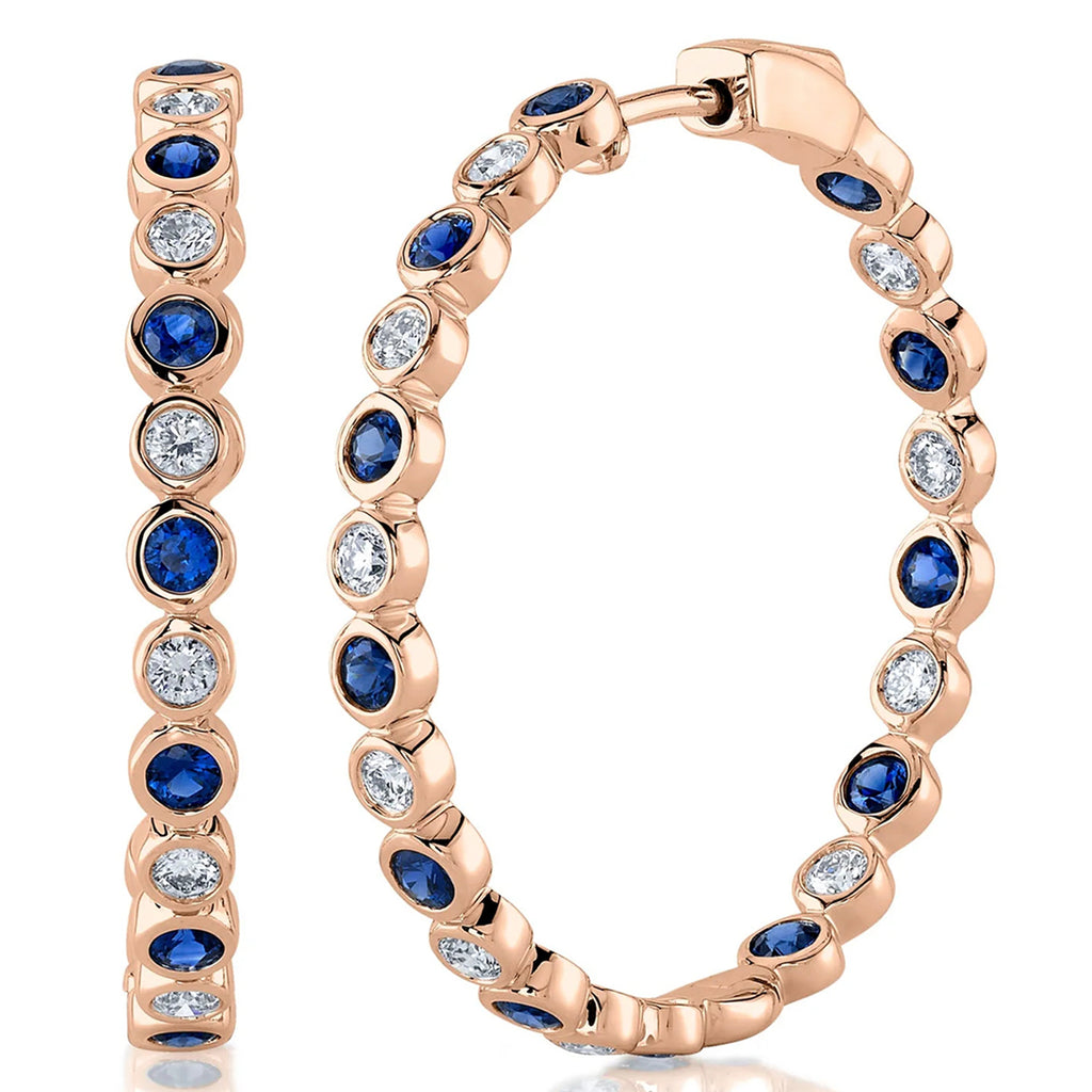 Lab Grown Blue Sapphire & Diamond Hoop Earrings 14K Rose Gold (2.10ct)