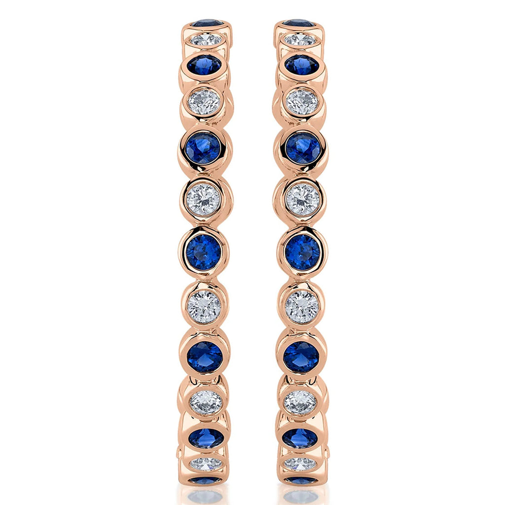 Lab Grown Blue Sapphire & Diamond Hoop Earrings 14K Rose Gold (2.10ct)