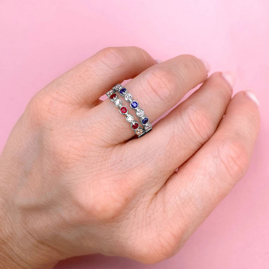 Blue Sapphire & Diamond Bezel Ring Band 14K White Gold (.48ct)