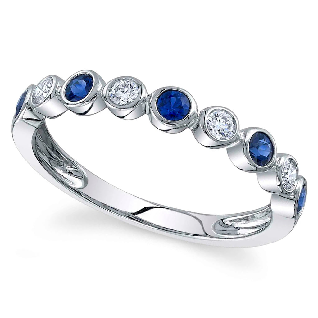 Lab Grown Blue Sapphire & Diamond Bezel Ring Band 14K White Gold (.46ct)