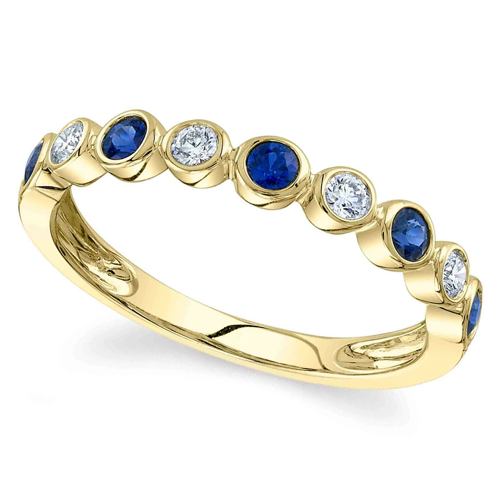 Blue Sapphire & Diamond Bezel Ring Band 14K Yellow  Gold (.48ct)