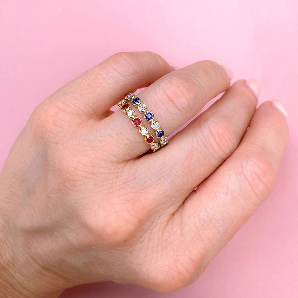 Lab Blue Sapphire & Diamond Bezel Ring Band 14K Yellow  Gold (.46ct)