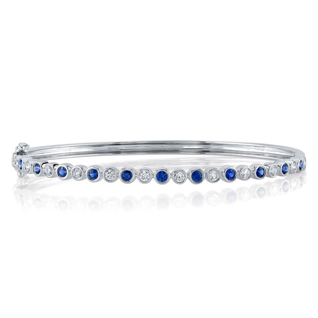 Lab Blue Sapphire & Diamond Bangle Bracelet 14K White Gold (1.15ct)