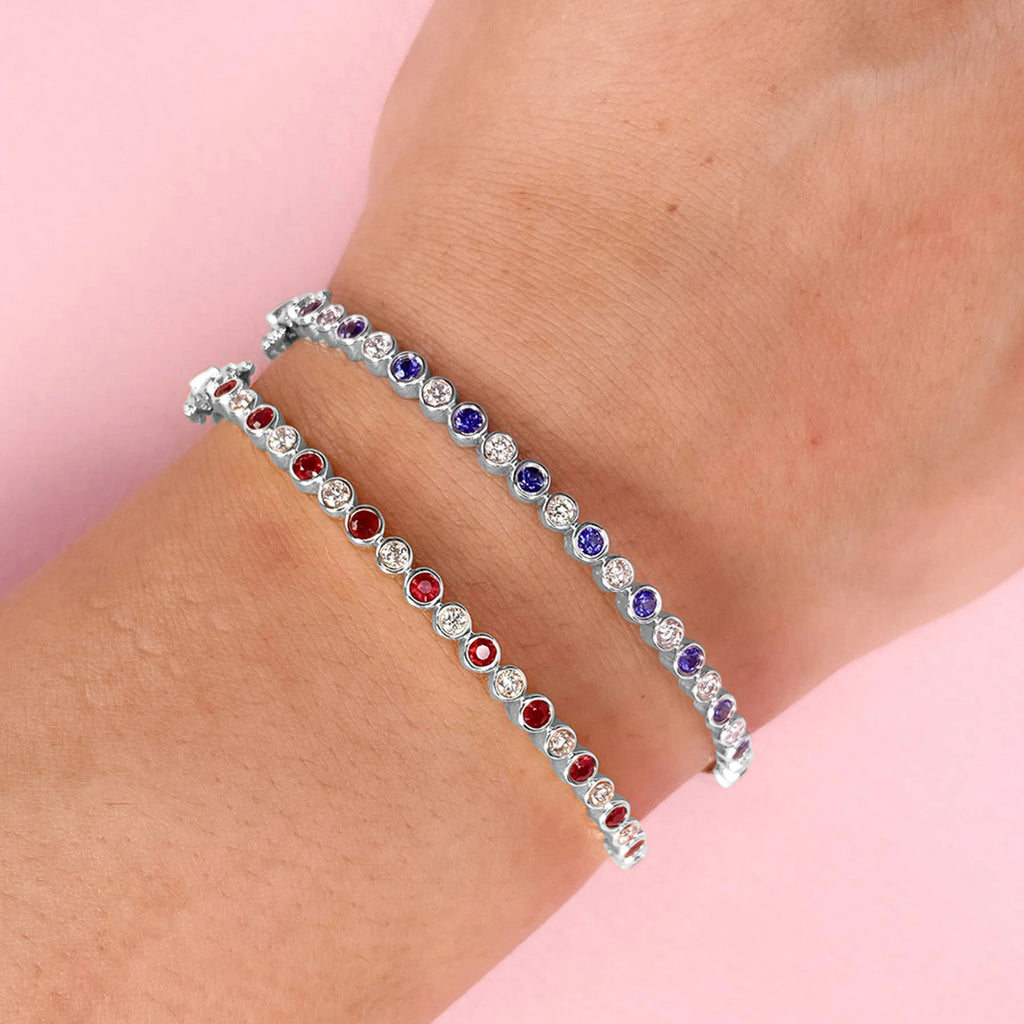 Lab Blue Sapphire & Diamond Bangle Bracelet 14K White Gold (1.15ct)