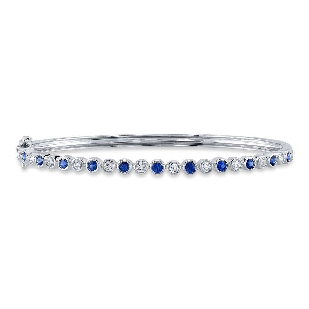 Alternating Diamond & Blue Sapphire Bezel Bangle Bracelet 14K White Gold (1.22ct)
