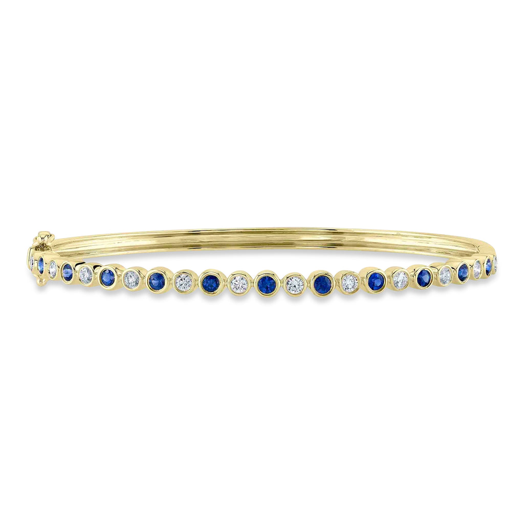 Alternating Diamond & Blue Sapphire Bezel Bangle Bracelet 14K Yellow Gold (1.22ct)