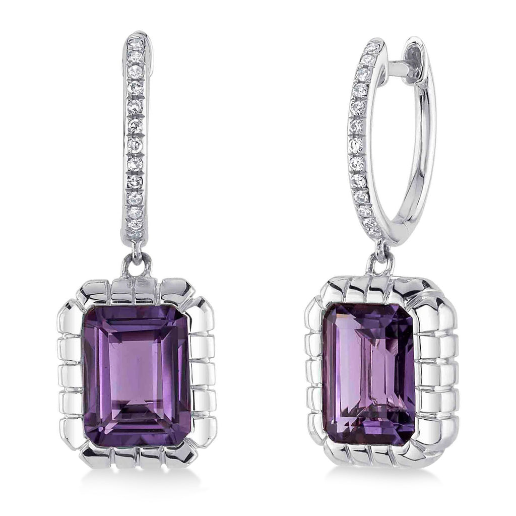 Diamond & Rectangular Amethyst Dangle Earrings 14K White Gold (3.17ct)