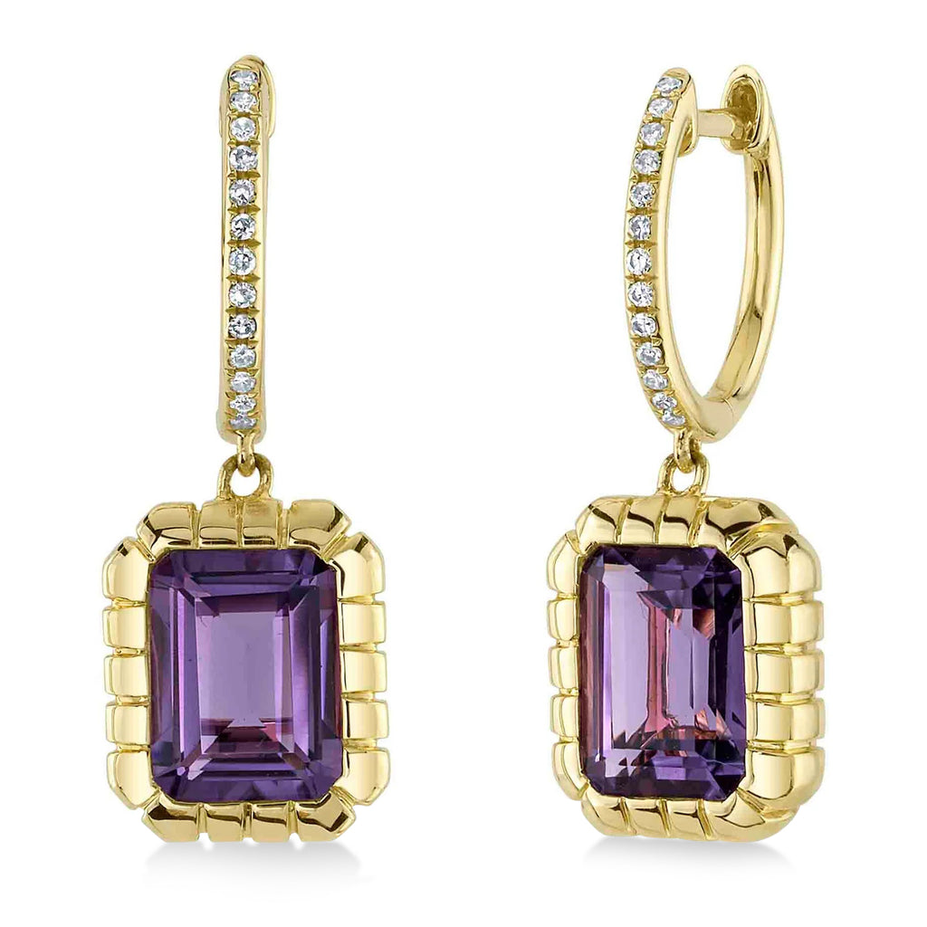 Diamond & Rectangular Amethyst Dangle Earrings 14K Yellow Gold (3.17ct)