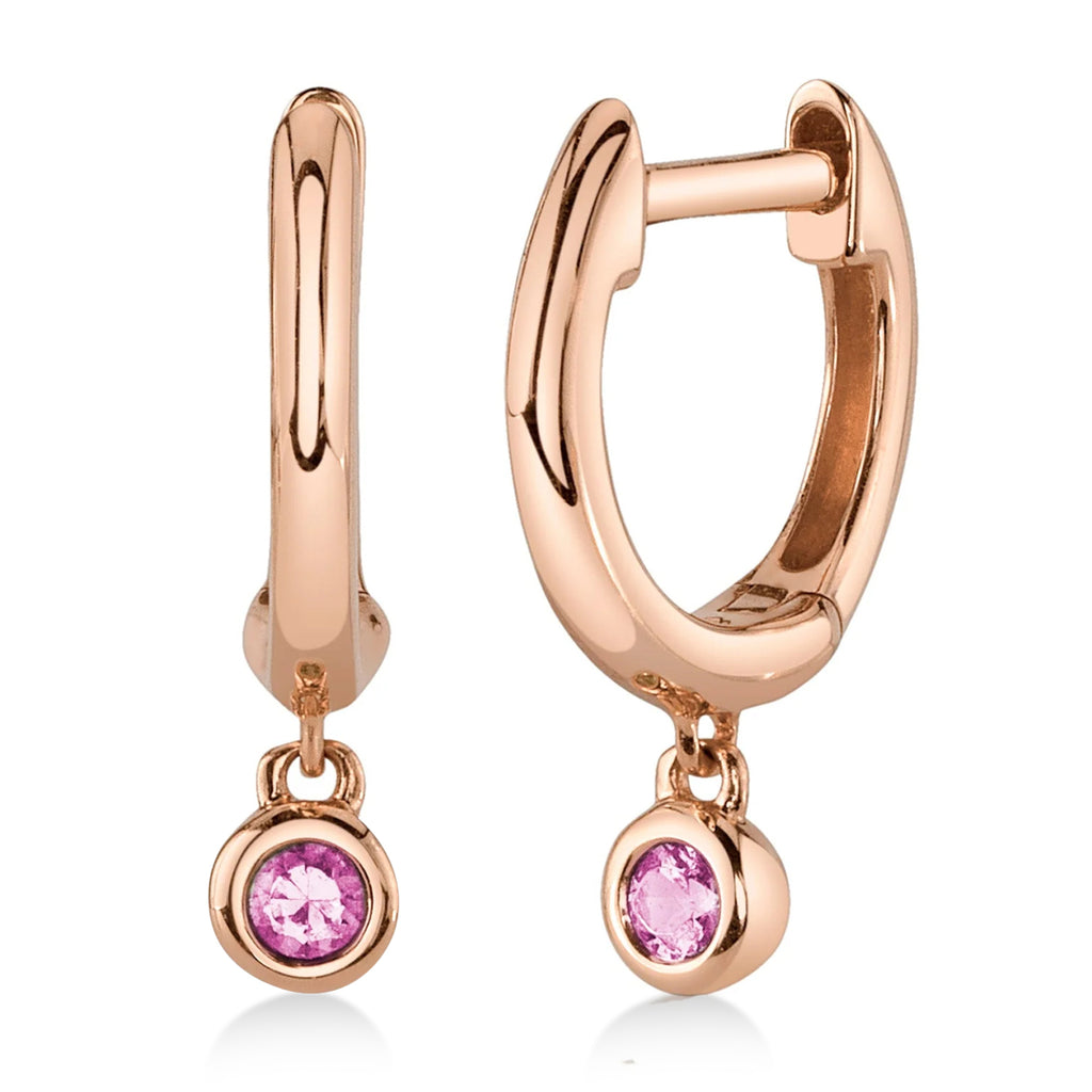 Round Pink Sapphire Bezel Huggie Earrings 14K Rose Gold (0.08ct)