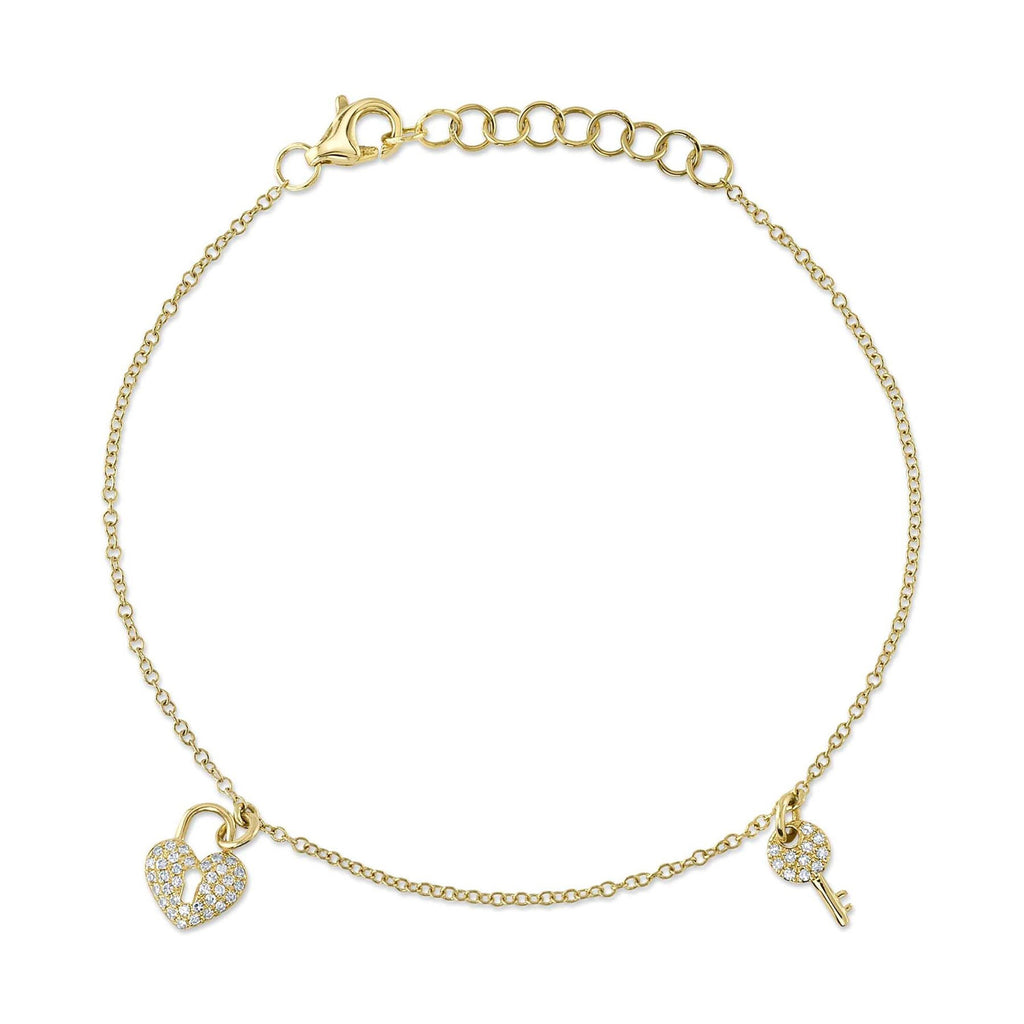Diamond Pave Heart Lock & Key Bracelet 14K Yellow Gold (0.10ct)
