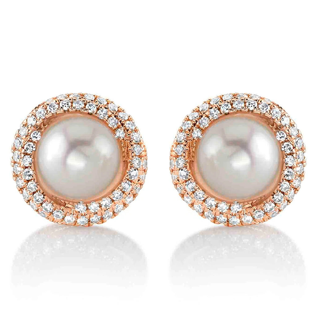 Diamond & Cultured Pearl Stud Halo Earrings 14K Rose Gold (0.26ct)