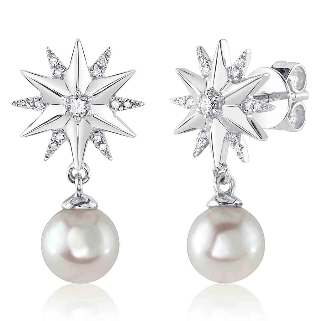 Diamond & Cultured Pearl Star Dangling Earrings 14K White Gold (0.11ct)