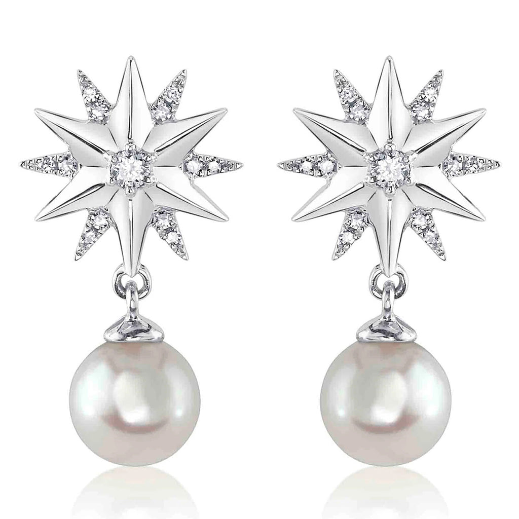 Diamond & Cultured Pearl Star Dangling Earrings 14K White Gold (0.11ct)