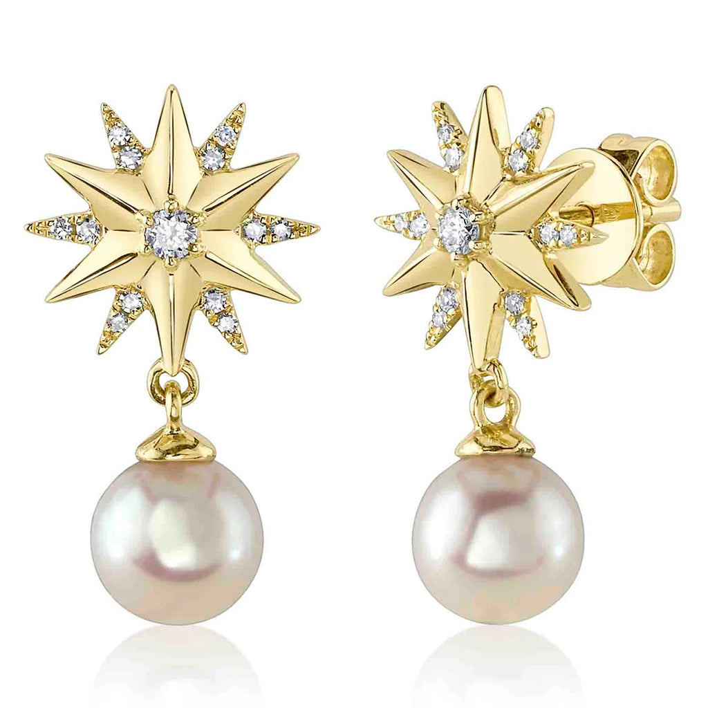Diamond & Cultured Pearl Star Dangling Earrings 14K Yellow Gold (0.11ct)