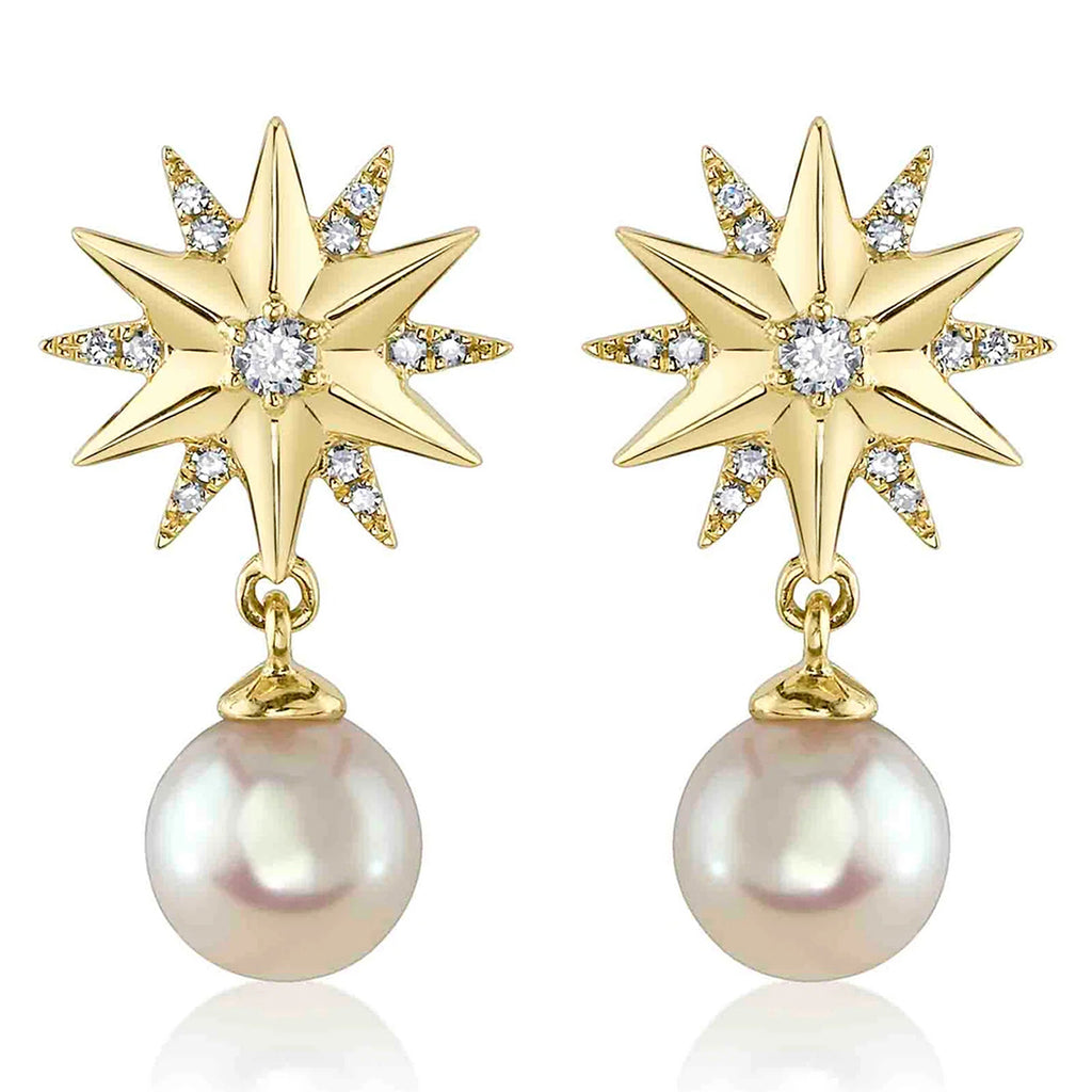 Diamond & Cultured Pearl Star Dangling Earrings 14K Yellow Gold (0.11ct)