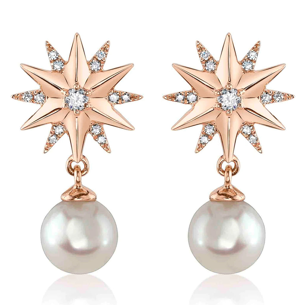 Diamond & Cultured Pearl Star Dangling Earrings 14K Rose Gold (0.11ct)