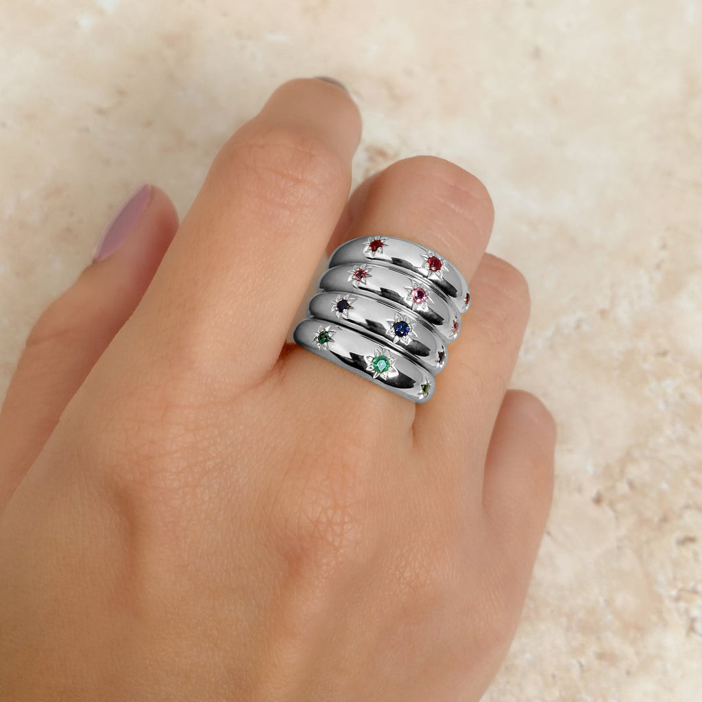 Emerald Star Wide Band Ring 14K White Gold (0.09ct)