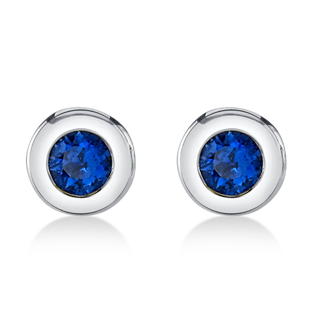 Round Blue Sapphire Bezel Stud Earrings 14K White Gold (0.14ct)