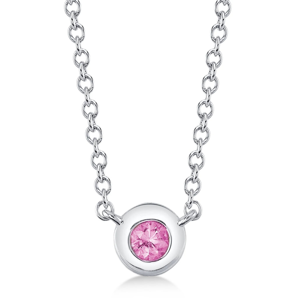 Round Pink Sapphire Bezel Pendant Necklace 14K White Gold (0.07ct)