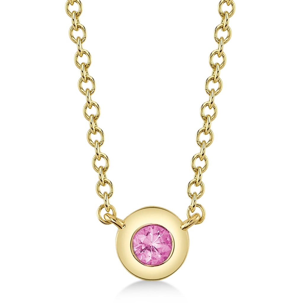 Round Pink Sapphire Bezel Pendant Necklace 14K Yellow Gold (0.07ct)