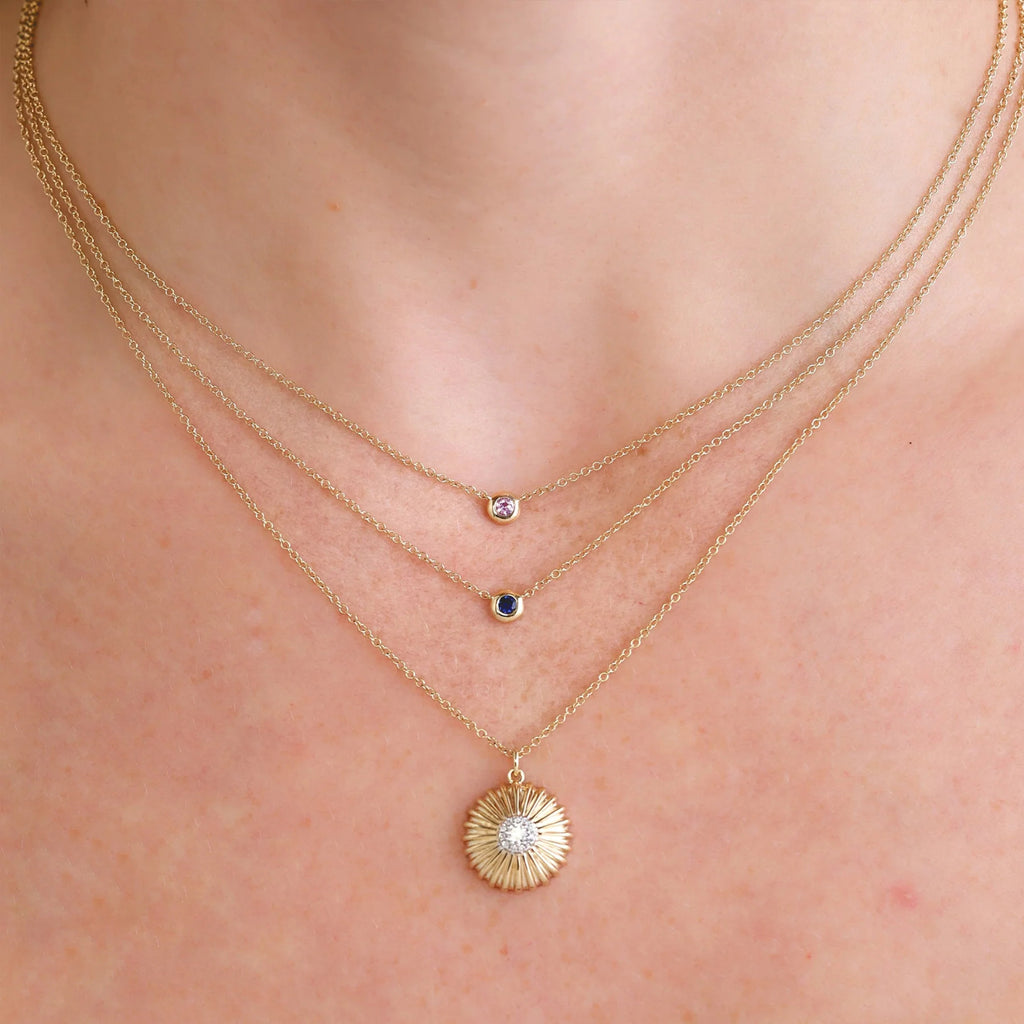 Round Pink Sapphire Bezel Pendant Necklace 14K Yellow Gold (0.07ct)