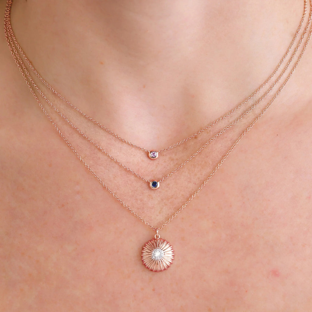 Round Pink Sapphire Bezel Pendant Necklace 14K Rose Gold (0.07ct)