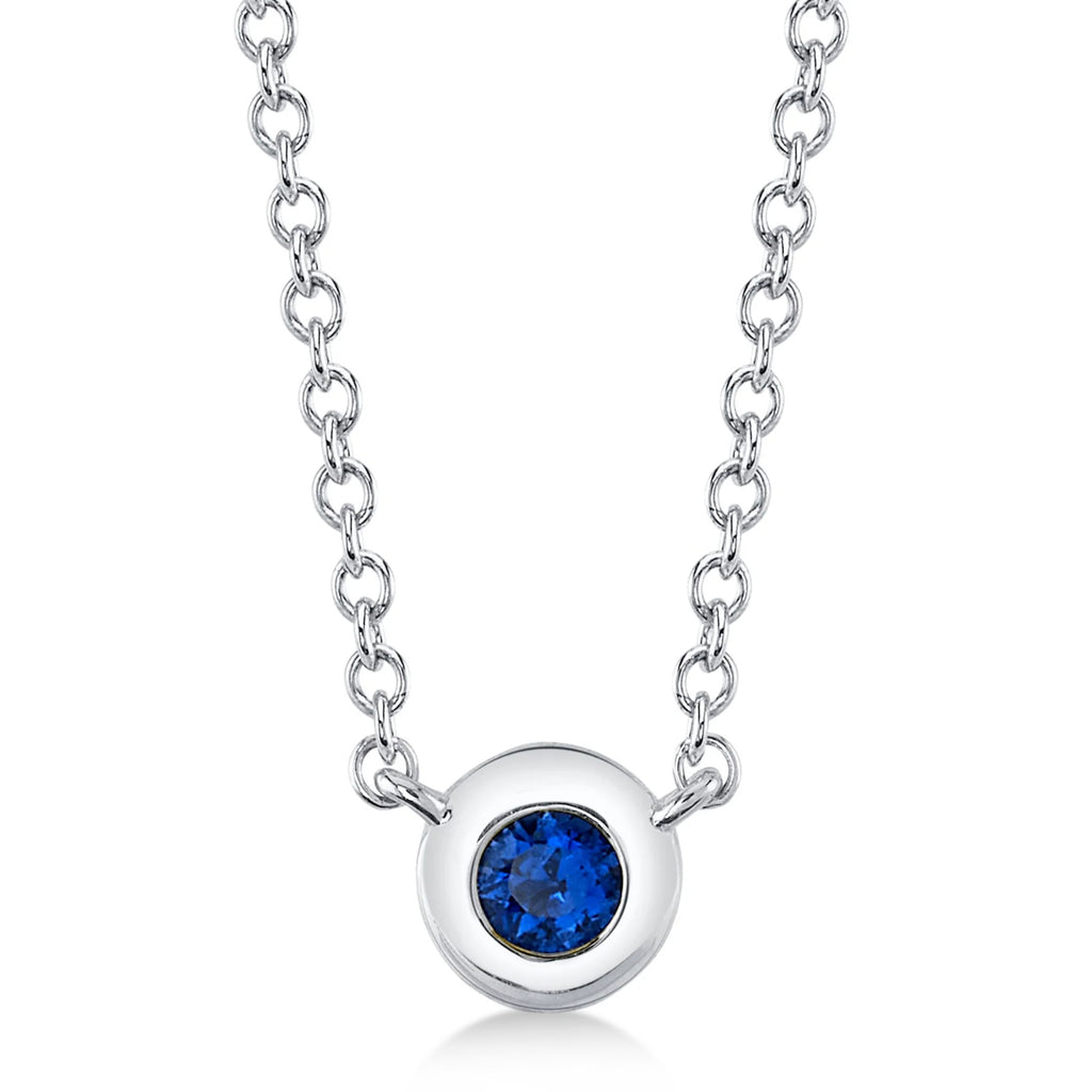 Round Blue Sapphire Bezel Pendant Necklace 14K White Gold (0.07ct)