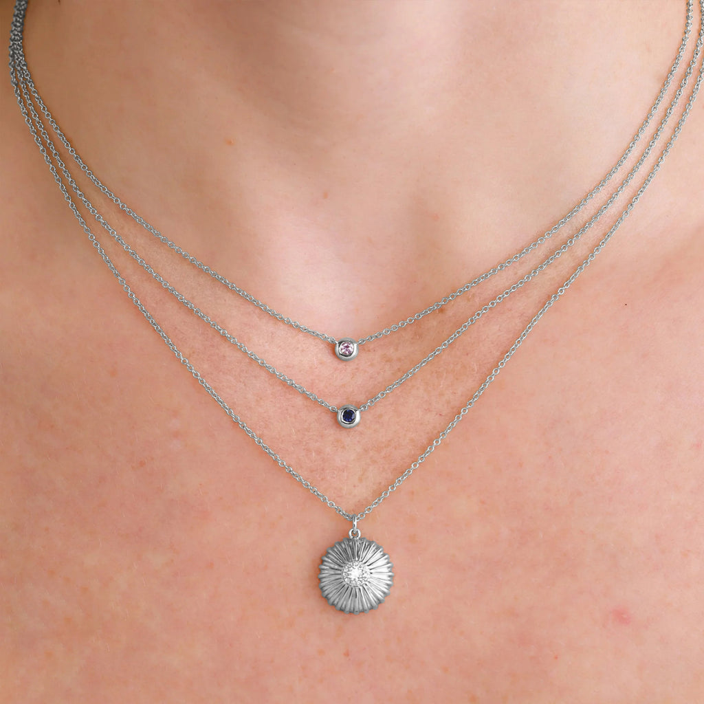 Round Blue Sapphire Bezel Pendant Necklace 14K White Gold (0.07ct)