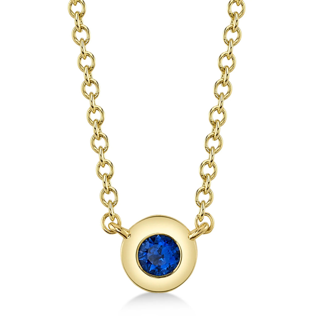 Round Blue Sapphire Bezel Pendant Necklace 14K Yellow Gold (0.07ct)
