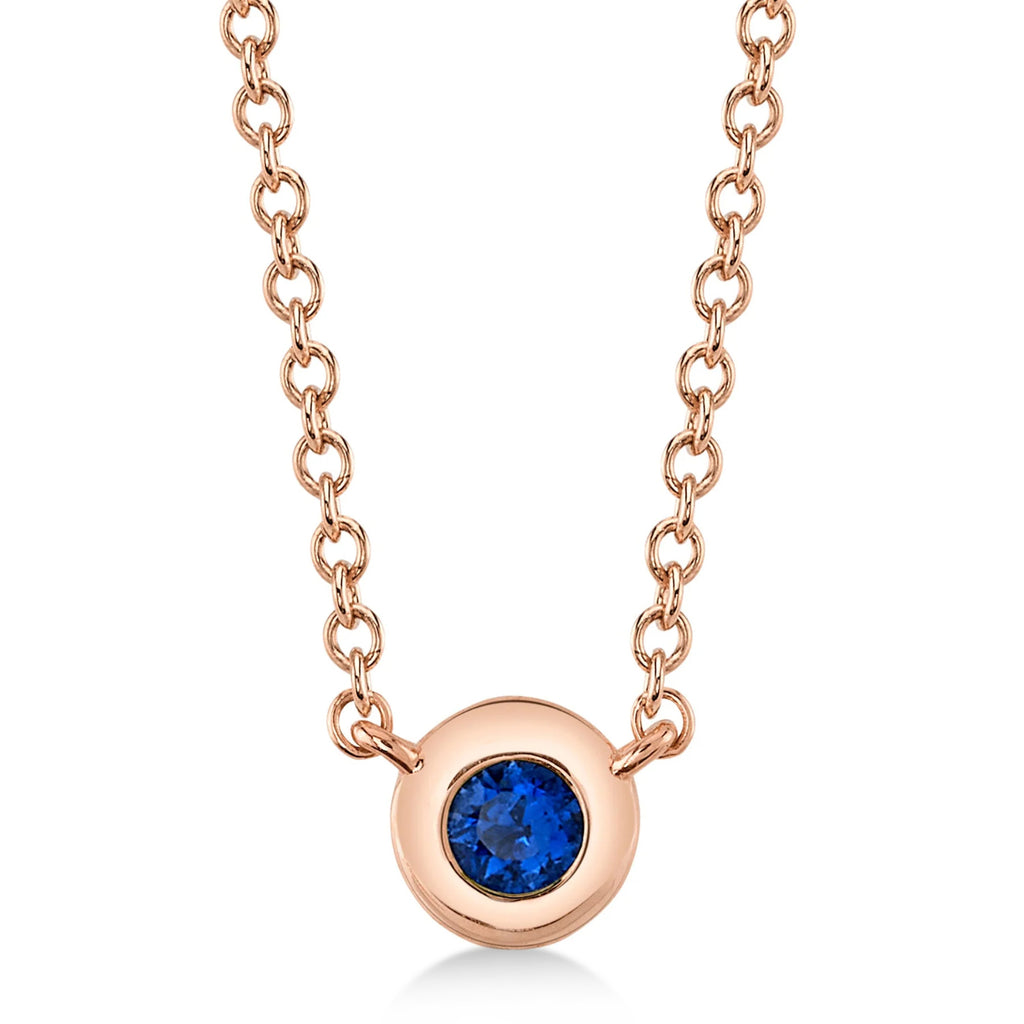 Round Blue Sapphire Bezel Pendant Necklace 14K Rose Gold (0.07ct)