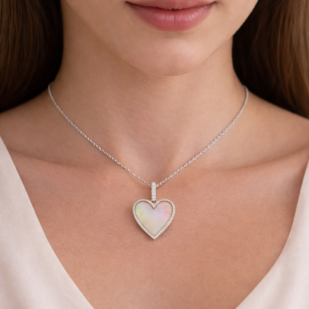 Heart Mother of Pearl & Round Diamond Pendant Necklace 14K White Gold (2.62ct)