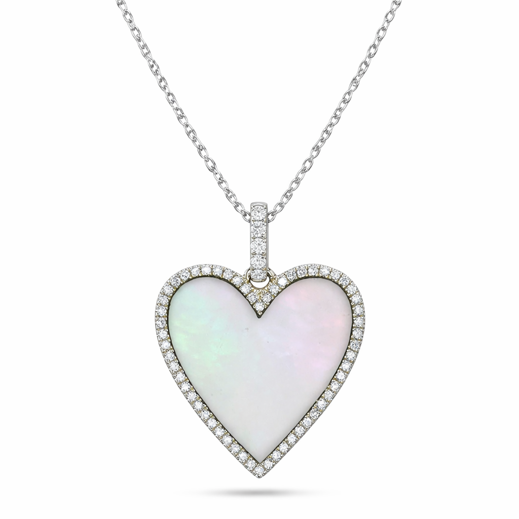 Heart Mother of Pearl & Round Diamond Pendant Necklace 14K White Gold (2.62ct)