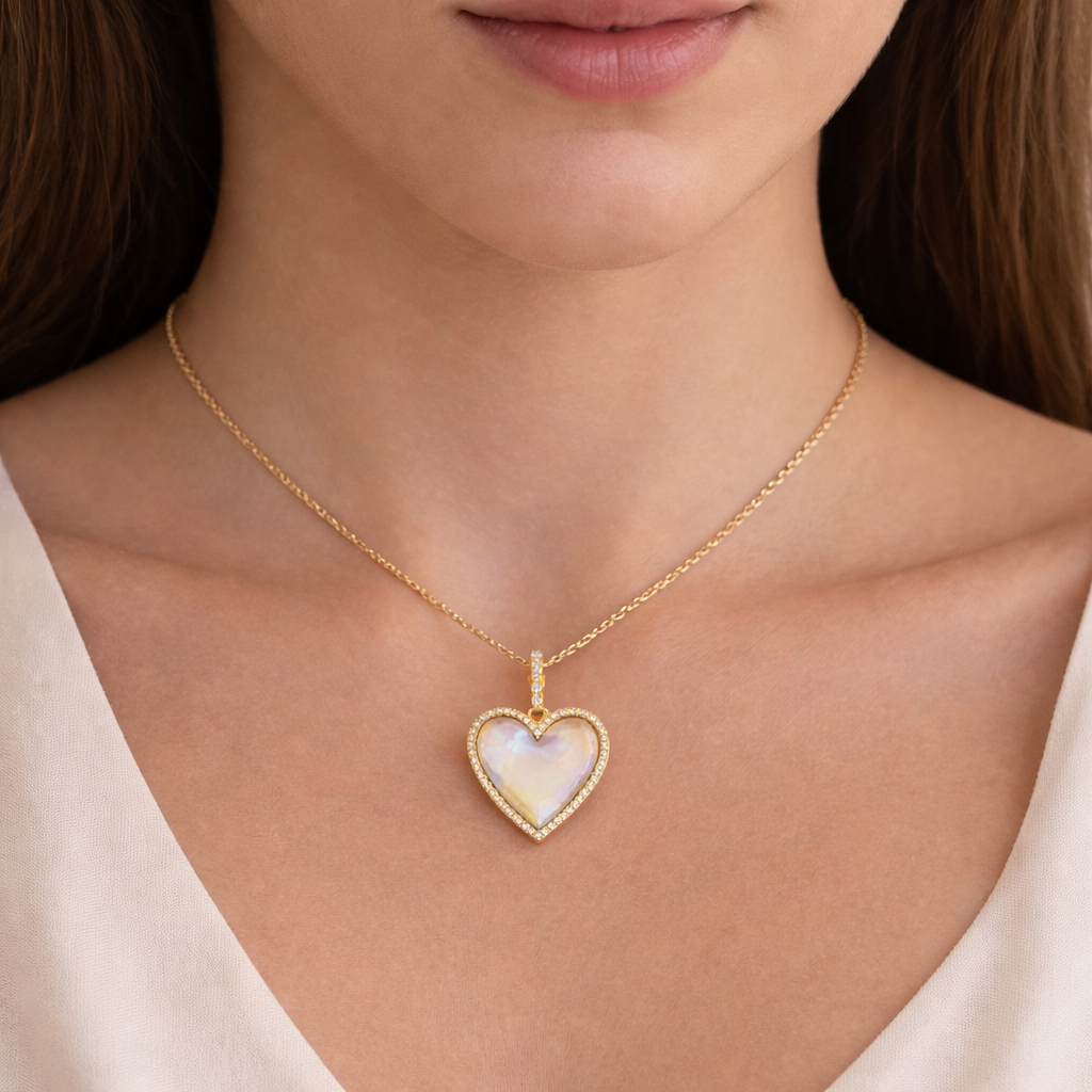 Heart Mother of Pearl & Round Diamond Pendant Necklace 14K Yellow Gold (2.62ct)