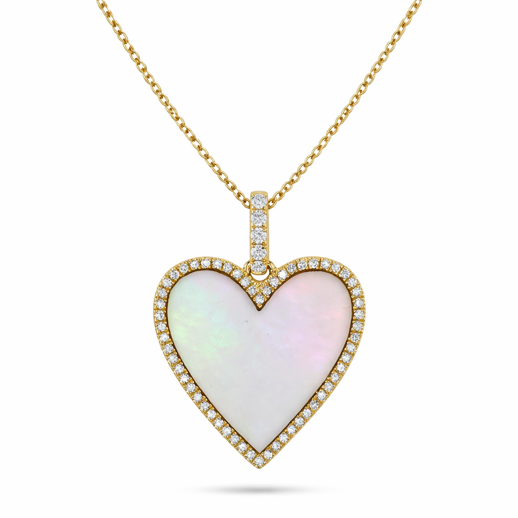 Heart Mother of Pearl & Round Diamond Pendant Necklace 14K Yellow Gold (2.62ct)