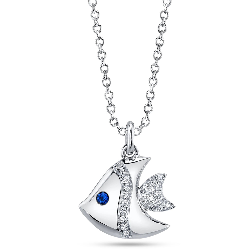Round Sapphire & Diamond Fish Pendant Necklace 14K White Gold (0.07ct)