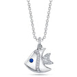 Round Sapphire & Diamond Fish Pendant Necklace 14K White Gold (0.07ct)