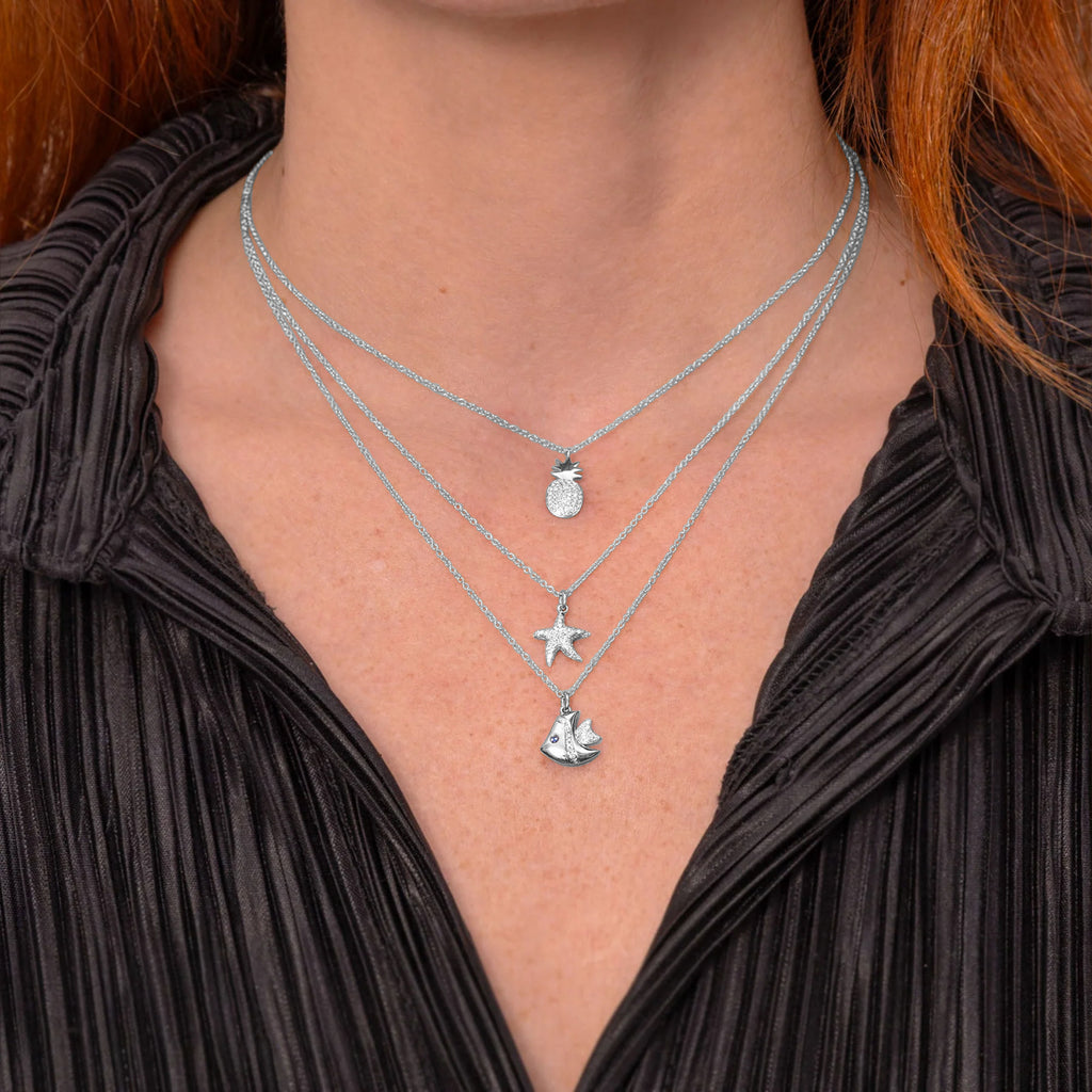Round Sapphire & Diamond Fish Pendant Necklace 14K White Gold (0.07ct)