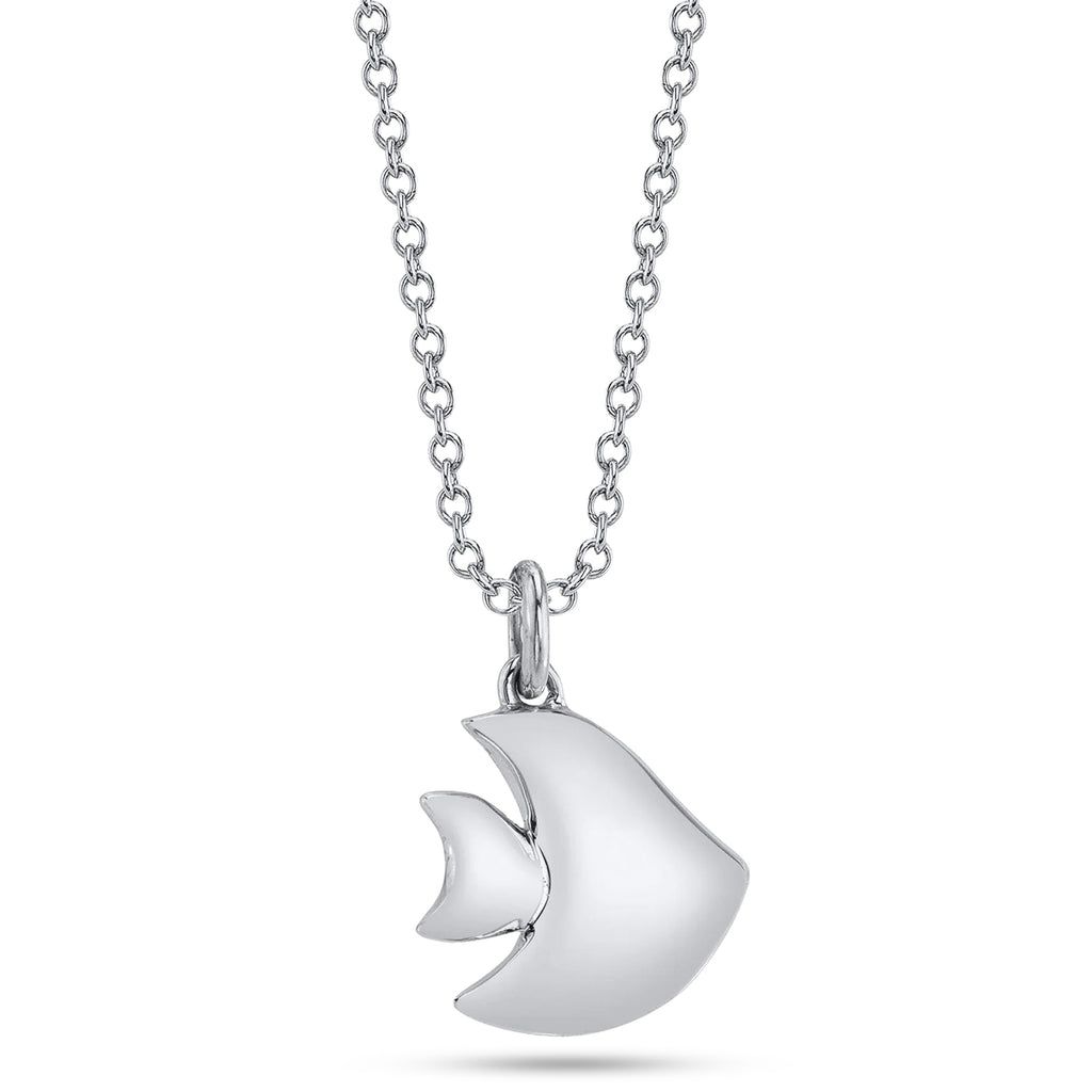 Round Sapphire & Diamond Fish Pendant Necklace 14K White Gold (0.07ct)