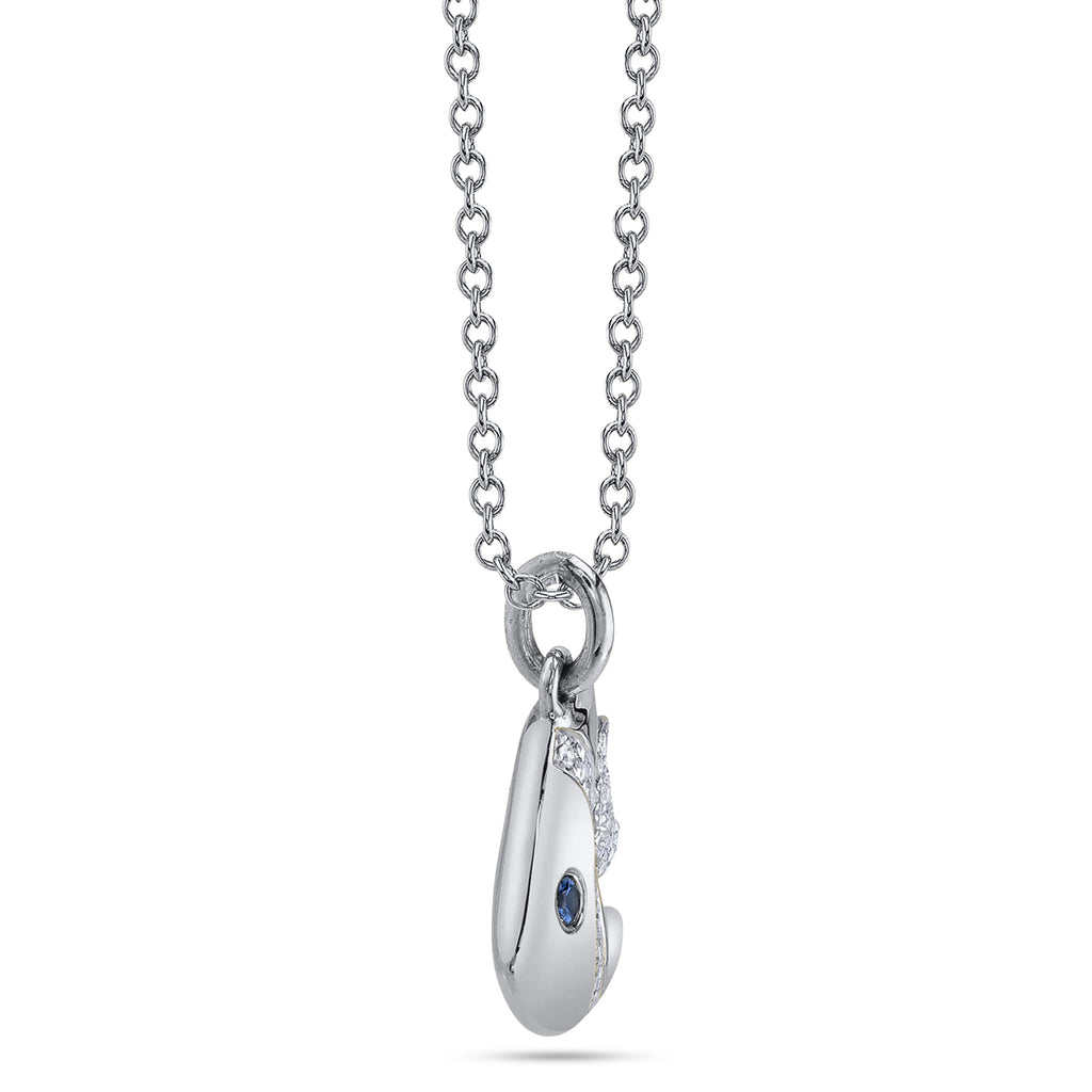 Round Sapphire & Diamond Fish Pendant Necklace 14K White Gold (0.07ct)