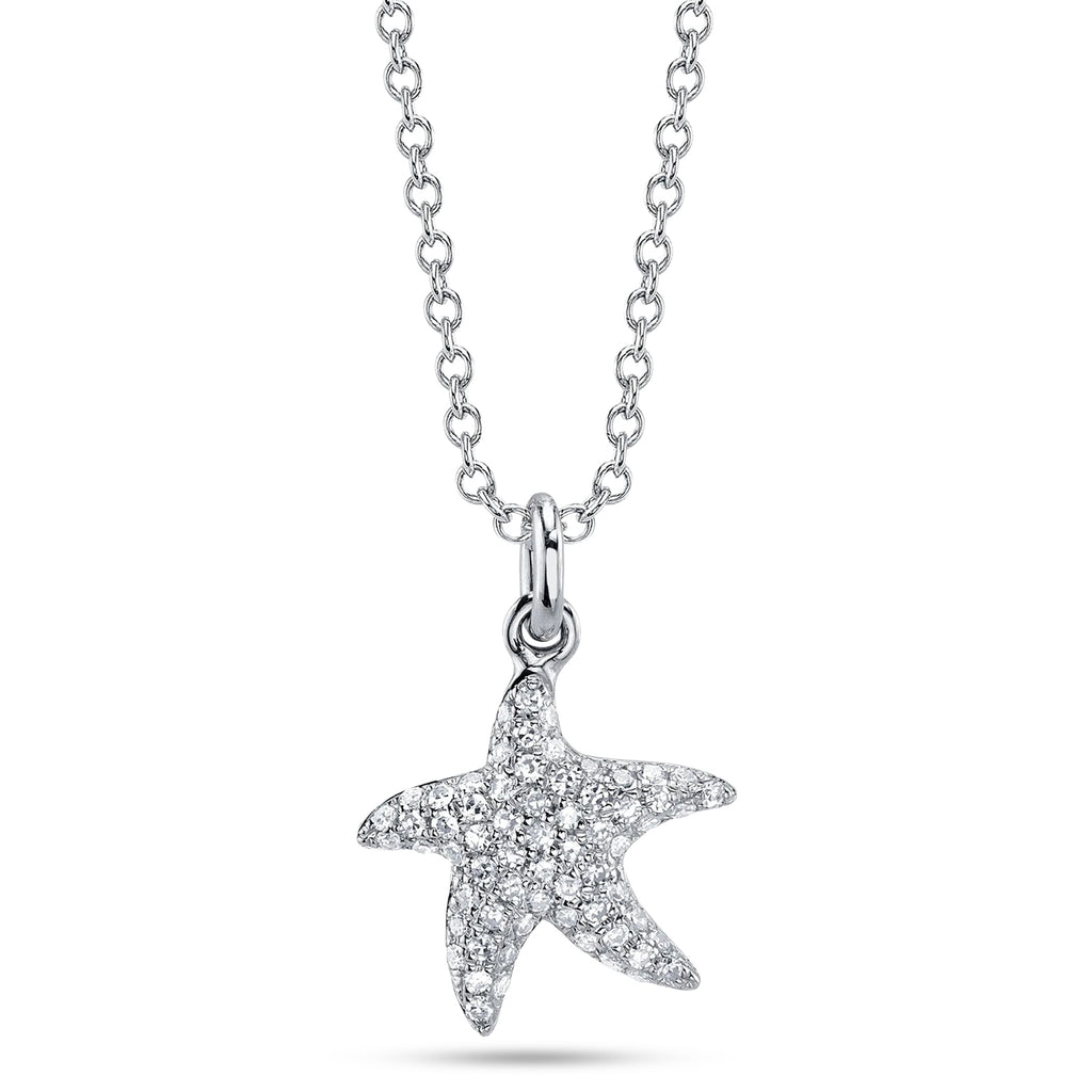 Round Diamond Starfish Pendant Necklace 14K White Gold (0.15ct)