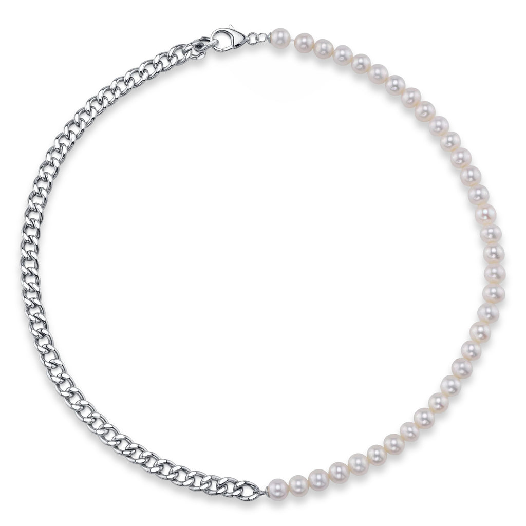 Cultured Pearl Link Collar Necklace 14K White Gold