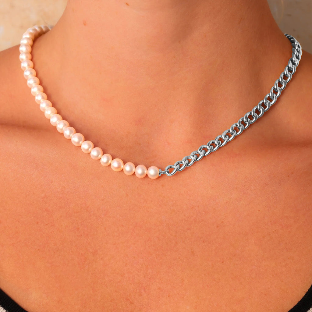 Cultured Pearl Link Collar Necklace 14K White Gold